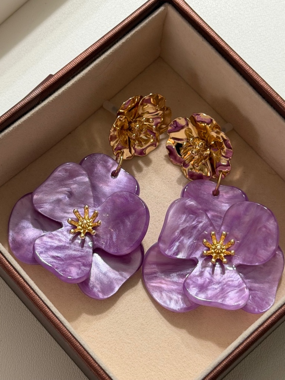 Golden Lilac Floral Double-Layer Dangle Statement Earrings.